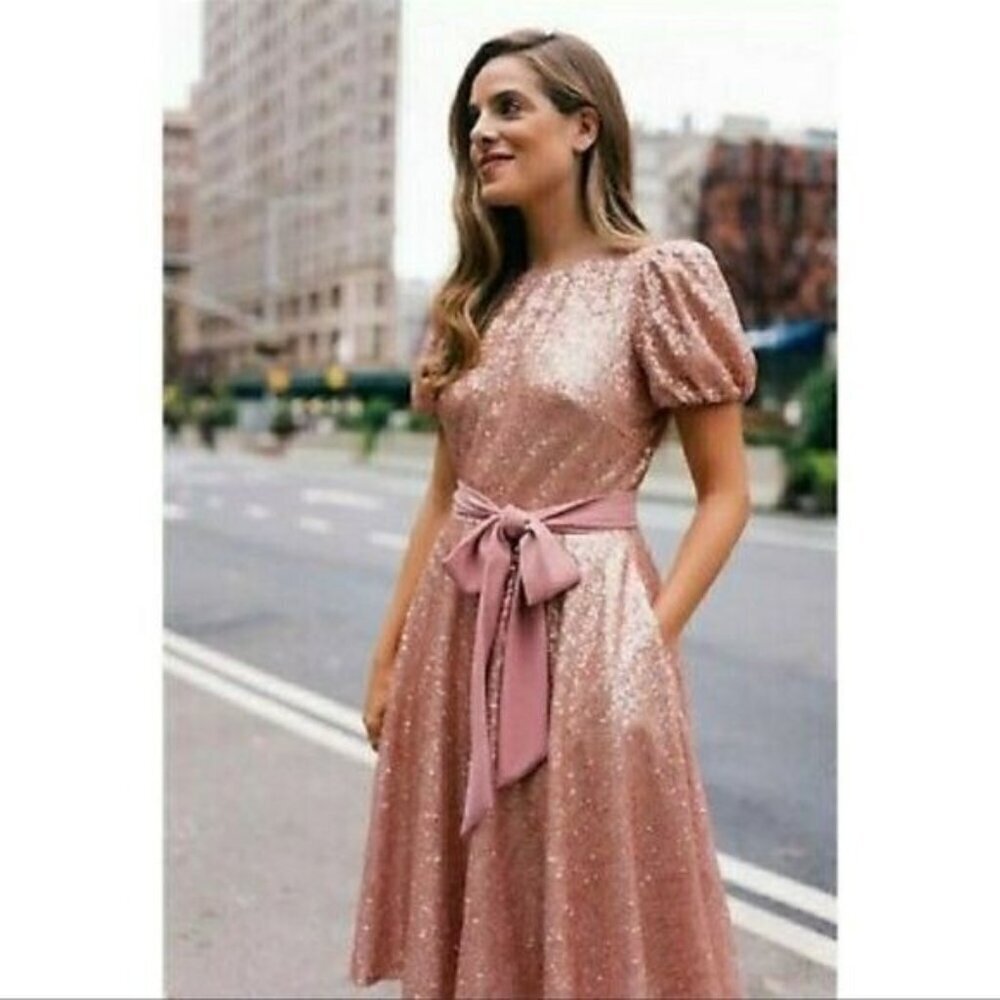 Gal Meets Glam Beatrix Pink gold rose Sequin belted Dress Sz 00 NWT
